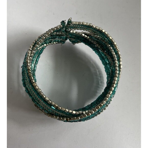 Vintage Beaded Wide Cuff Bracelet Turquoise/Silver Stretch 1.5" Wide - Picture 3 of 6